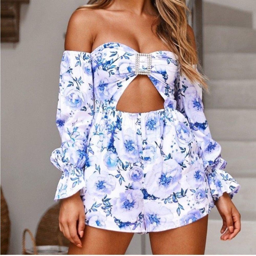 White Fox Boutique Floral Off-Shoulder Jumpsuit - Blue and White